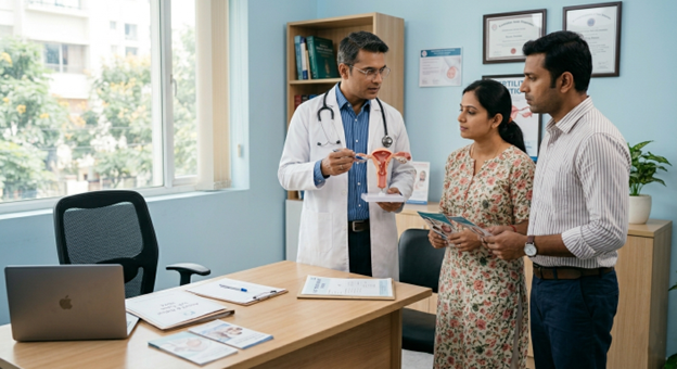 Infertility specialist explaining treatment to a patient